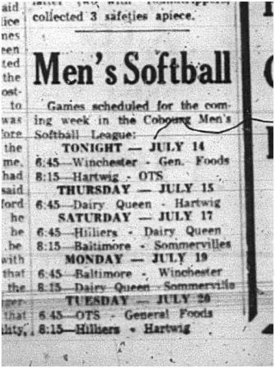 1965-07-14 Softball - Men - Cobourg Mens Softball League - Schedule