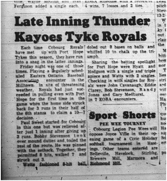 1965-07-21 Baseball - Boys - Cobourg Royals Vs. Port Hope Tykes