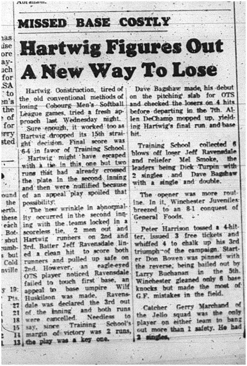 1965-07-21 Softball - Men - Cobourg Mens Softball League - Hartwig Construction