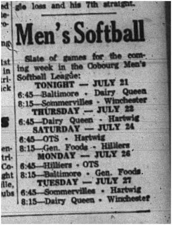 1965-07-21 Softball - Men - Cobourg Mens Softball League - Schedule