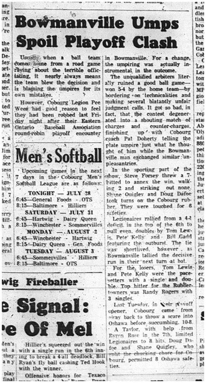 1965-07-28  Softball - Boys - Cobourg Legion Minor Softball League - Bowmanville - Umpires - Playoffs