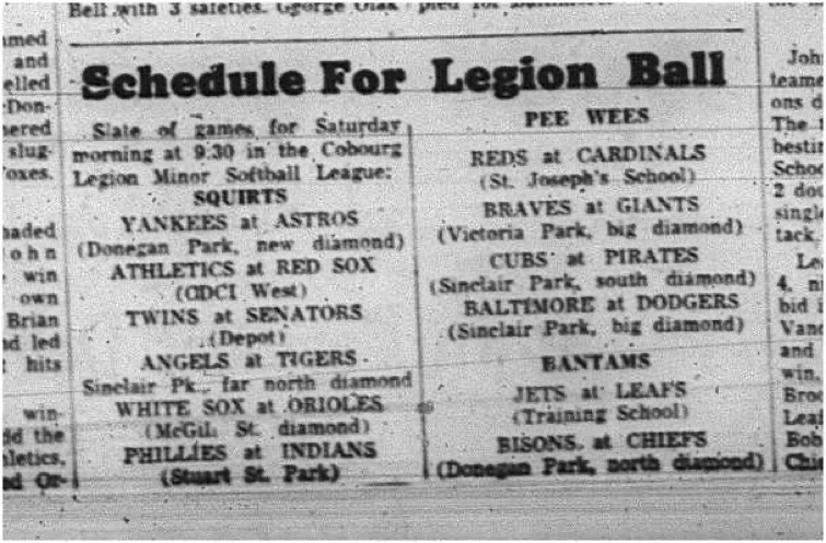 1965-07-28 Softball - Boys - Cobourg Legion Minor Softball League - Schedule