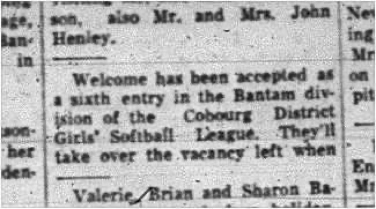 1965-07-28 Softball - Girls - Cobourg District Girls Softball