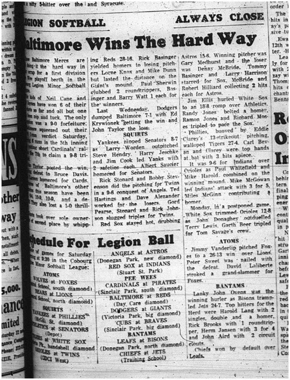 1965-08-11 Softball - Cobourg Legion Minor Softball League - Baltimore Mercantile - Playoffs