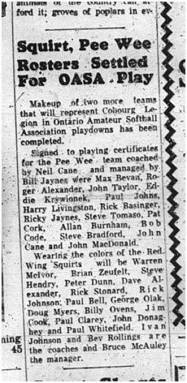1965-08-11 Softball - Cobourg Legion Minor Softball League - Squirt - Peewee - Rosters - OASA