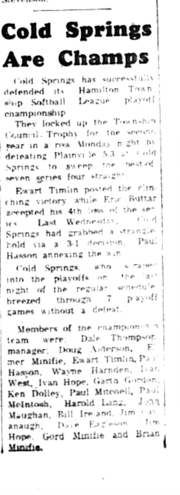 1965-08-25 Softball -Men-Cold Springs Hamilton Township Champions
