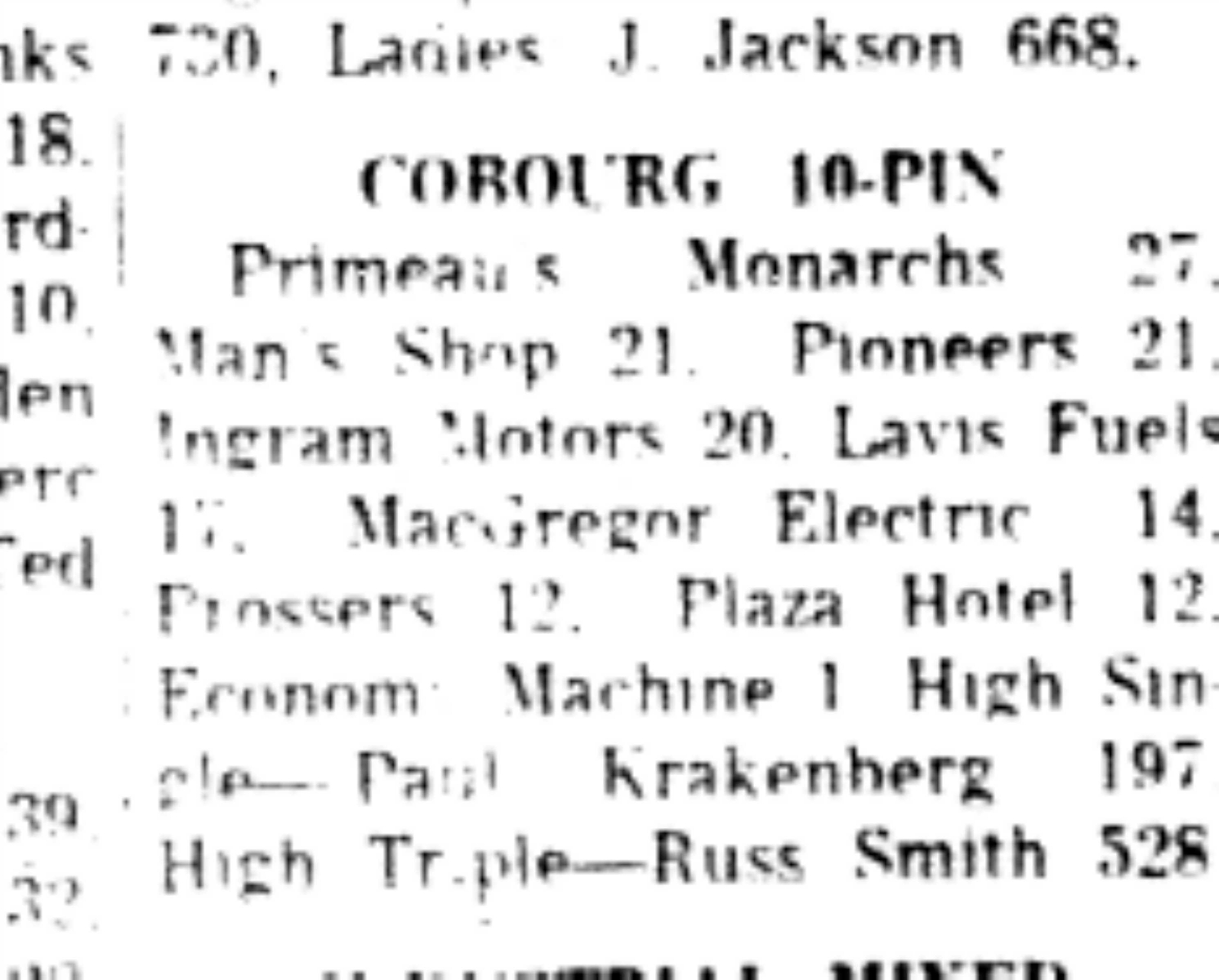 1965-11-02 Bowling -Mixed-Cobourg Ten Pin Results