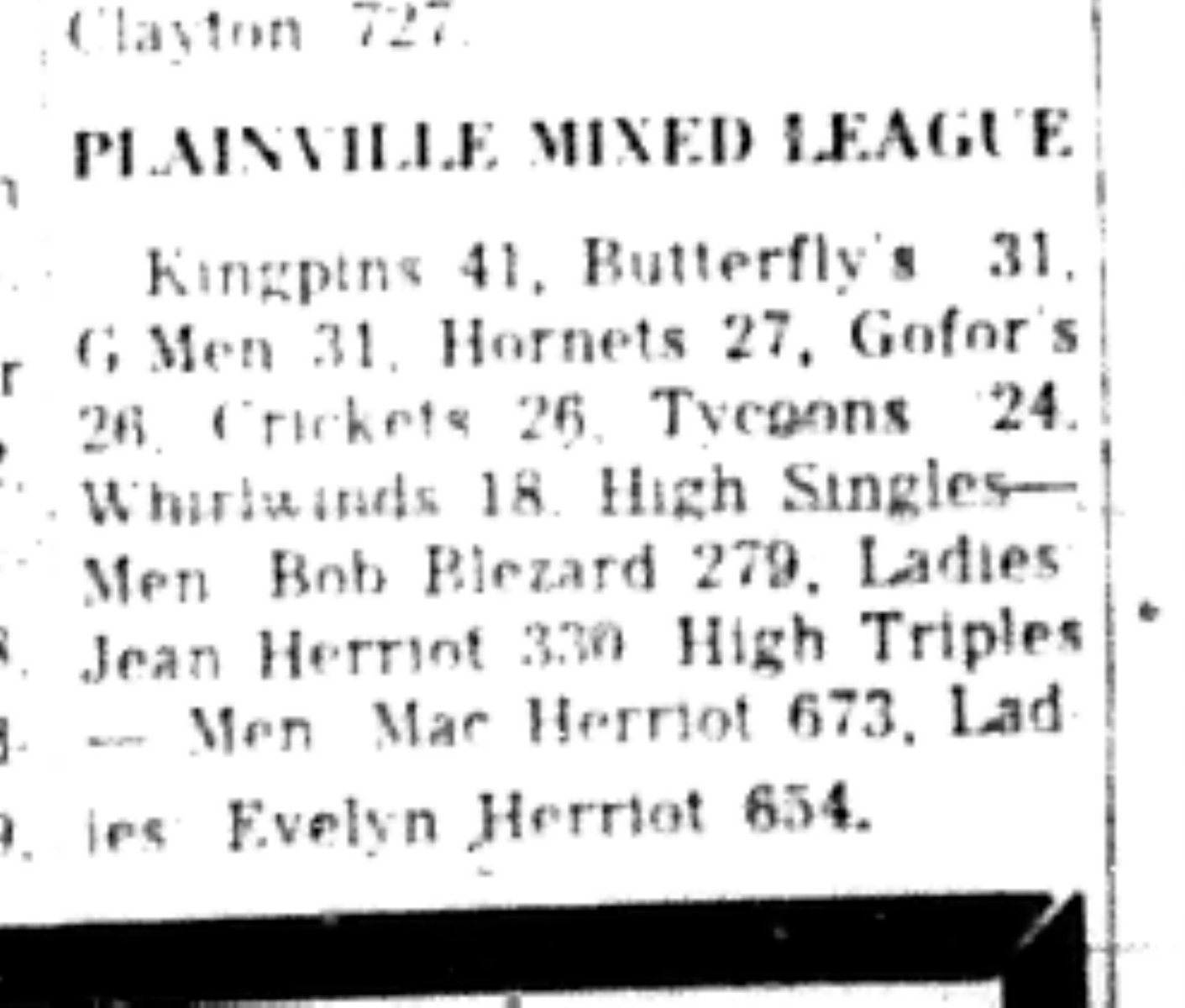 1965-11-24 Bowling -Mixed-Plainville League Results