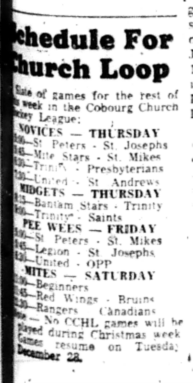 1965-12-15 Hockey -Boys-CCHL Schedule