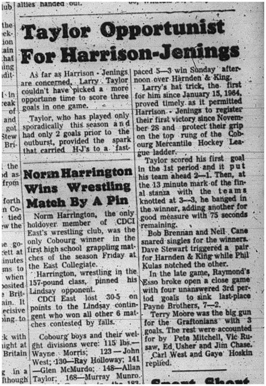 1966-01-12 Hockey -Men -Cobourg Mercantile Hockey Legaue - Harrison Jennings - Larry Taylor