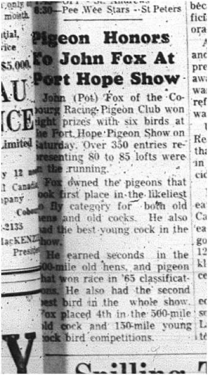1966-01-19 Pigeon Racing - Mens -Cobourg Pigeon Racing Club-John Fox