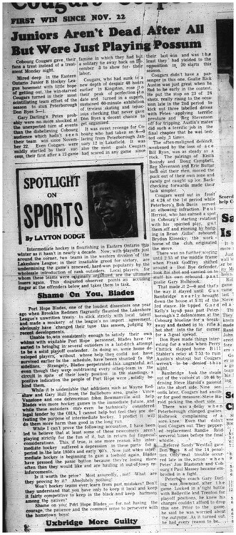 1966-01-26 Hockey -Boys -Junior B - Cobourg Cougars Vs. Peterborough Don Byes