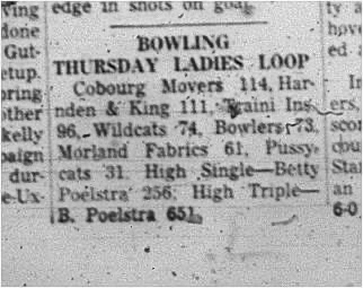 1966-02-15 Bowling -Ladies -Cobourg Bowling Lanes - Thursday Ladies Loop