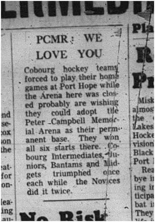 1966-03-02 Facilities -Cobourg Arena -Cobourg games in Port Hope -Arena closed