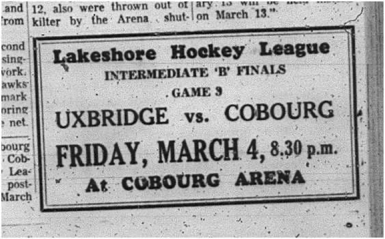 1966-03-02 Hockey -Boys -Lakeshore Intermediate Hockey League - Cobourg Miskelly Realtors Vs. Uxbridge - B Finals