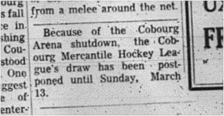 1966-03-02 Hockey -Men -Cobourg Mercantile Hockey League - Cobourg Arena - Draw Postponed