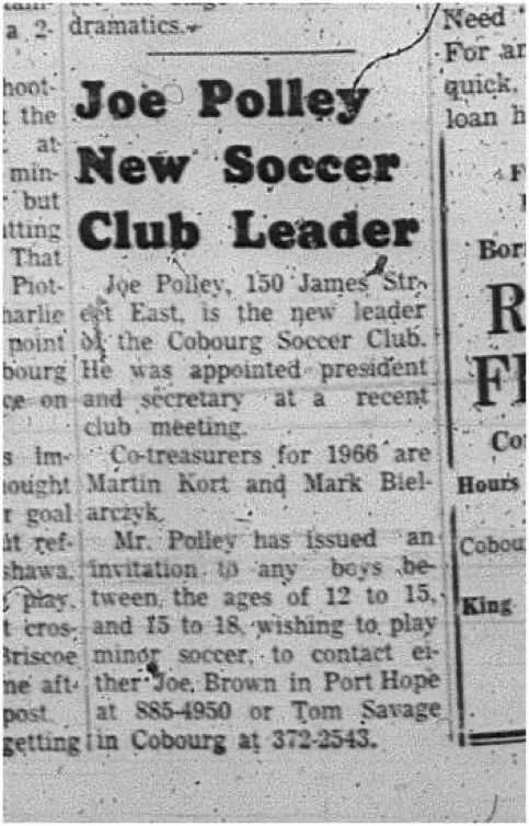 1966-03-02 Soccer -Boys -Cobourg Soccer Club - Joe Polley