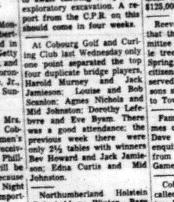 1966-03-16 Bridge -Mixed -Cobourg Golf and Curling Club -Duplicate Bridge Players