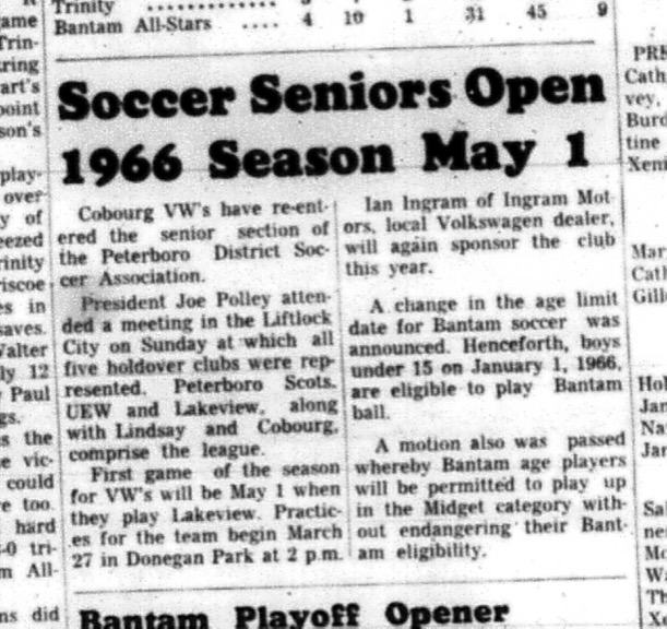 1966-03-16 Soccer -Boys -Peterborough District Soccer League -Cobourg VWs -Season Opening