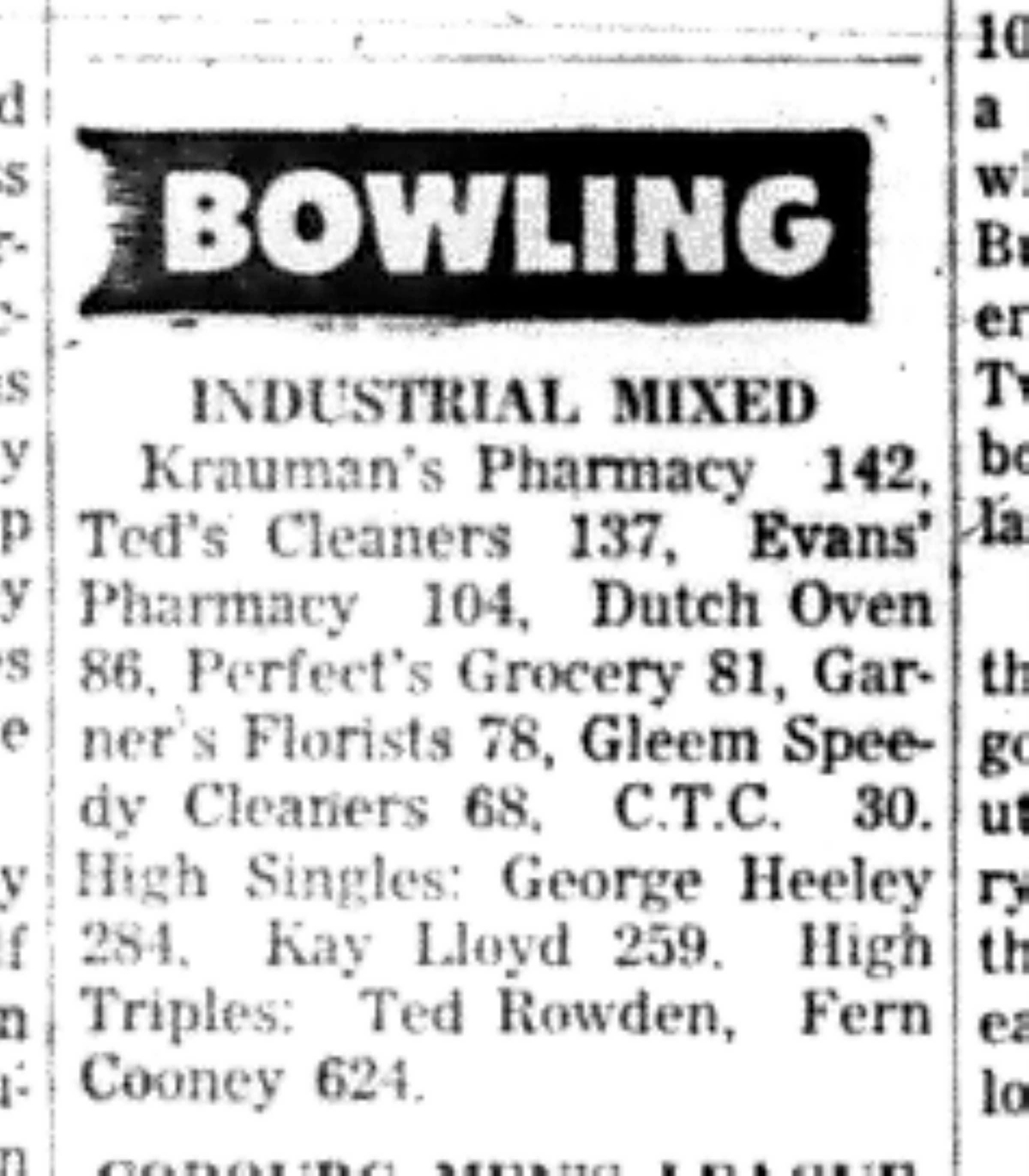 1966-03-30 Bowling -Mixed -Industrial League Results