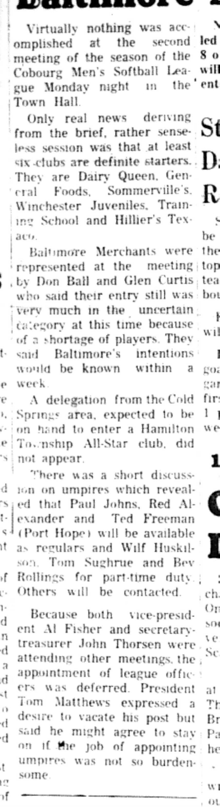 1966-04-06 Softball -Men -CMSL Teams Not Definite-B