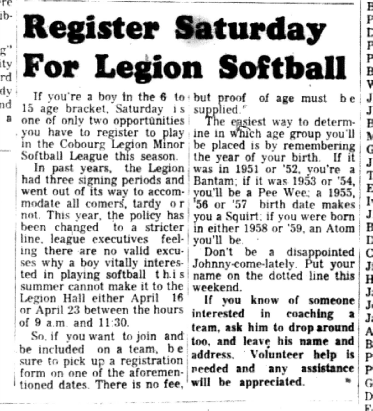 1966-04-12 Softball -Boys -Registration For Legion Softball