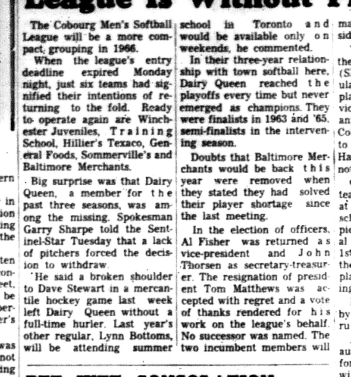 1966-04-12 Softball -Men -Dairy Queen Leaves Cobourg League-B