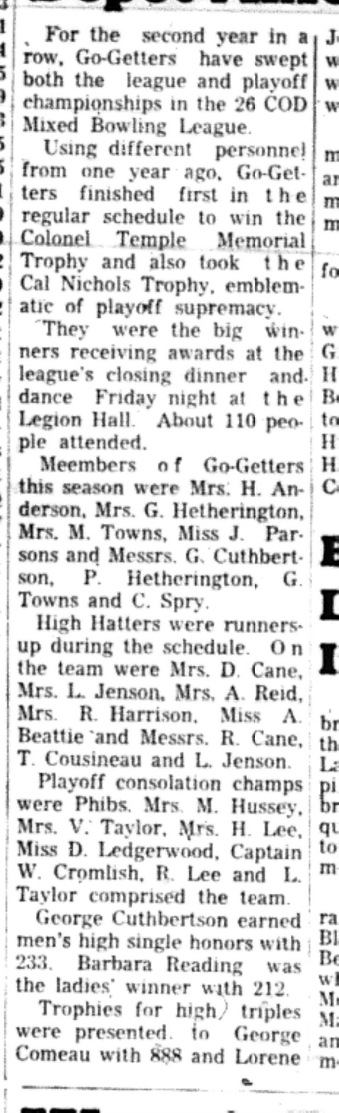 1966-04-27 Bowling -Mixed -Depot Mixed League Winners-B