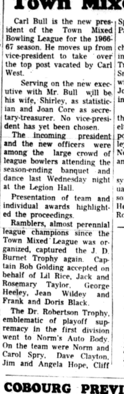 1966-04-27 Bowling -Mixed -New Town Mixed League President-B