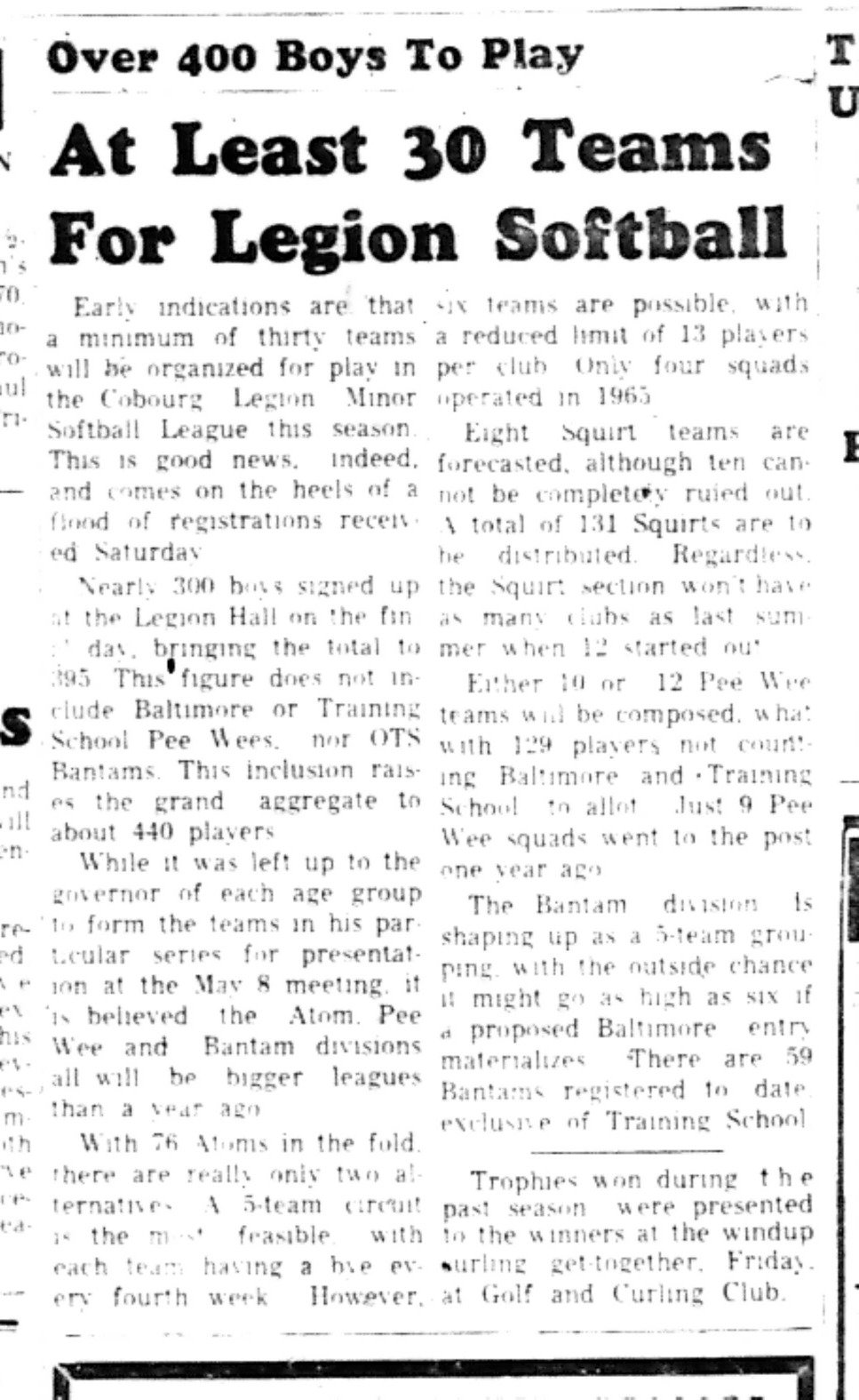 1966-04-27 Softball -Mixed -30 Teams For Legion Softball