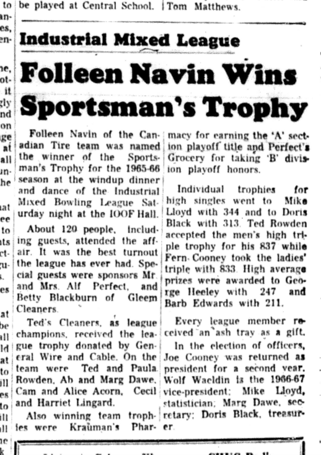 1966-05-11 Bowling -Mixed -Sportsman Trophy Awarded