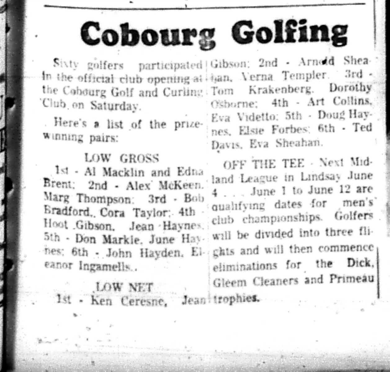 1966-05-25 Golf -Mixed -Cobourg Golf Results