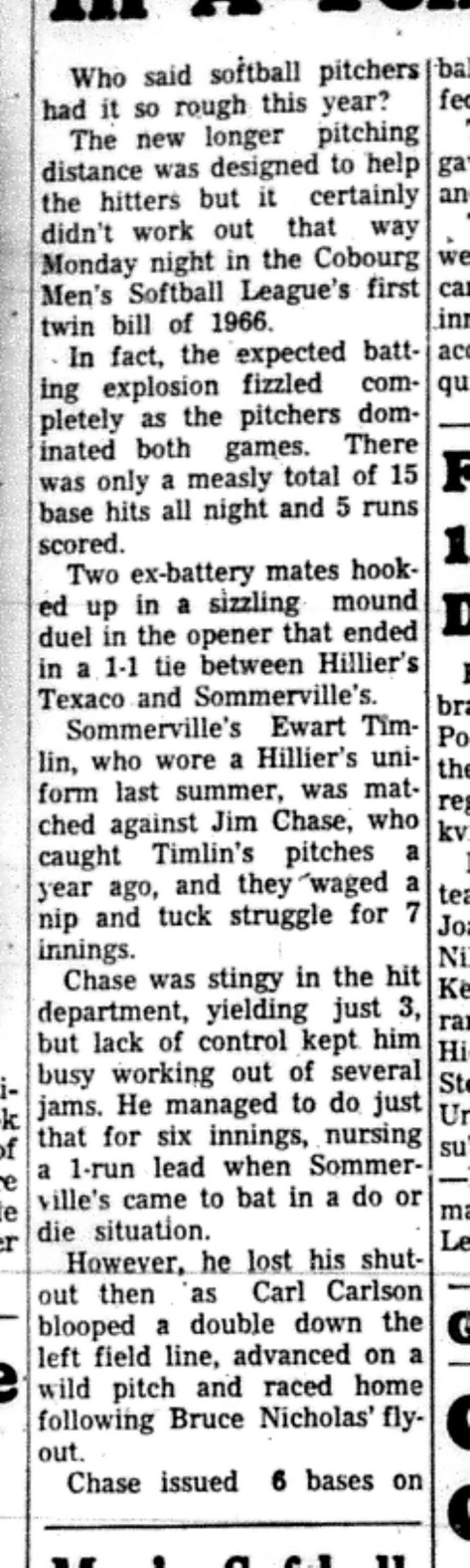 1966-05-25 Softball -Men -CMSL-Hilliers vs Sommerville-B