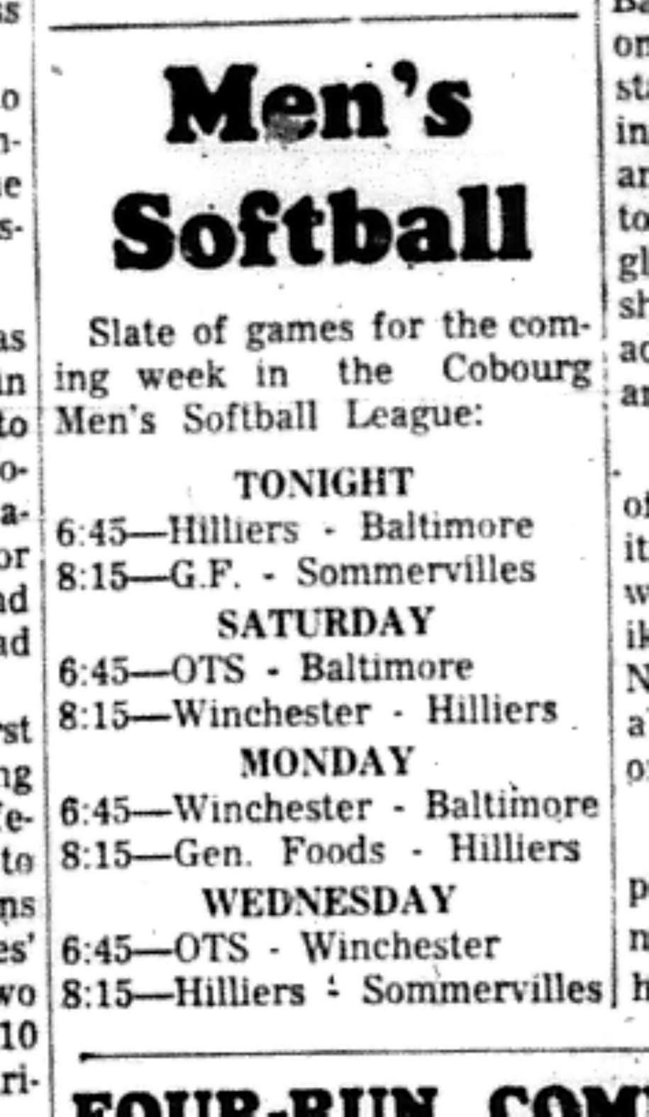 1966-06-01 Softball -Men -CMSL Schedule