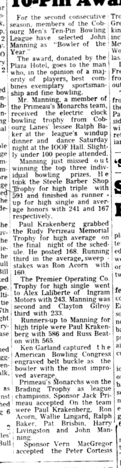 1966-06-07 Bowling -Men -Cobourg Ten Pin Bowler Of The Year-B