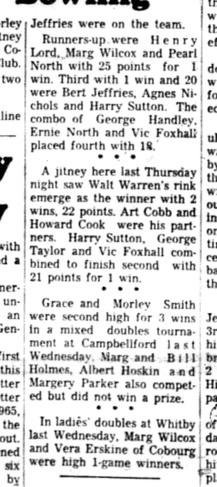 1966-06-07 Lawn Bowling -Mixed -Cobourg Club Results-C