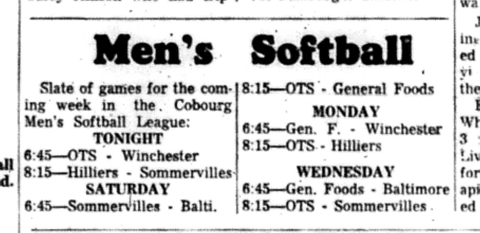 1966-06-07 Softball -Men -CMSL Schedule -1