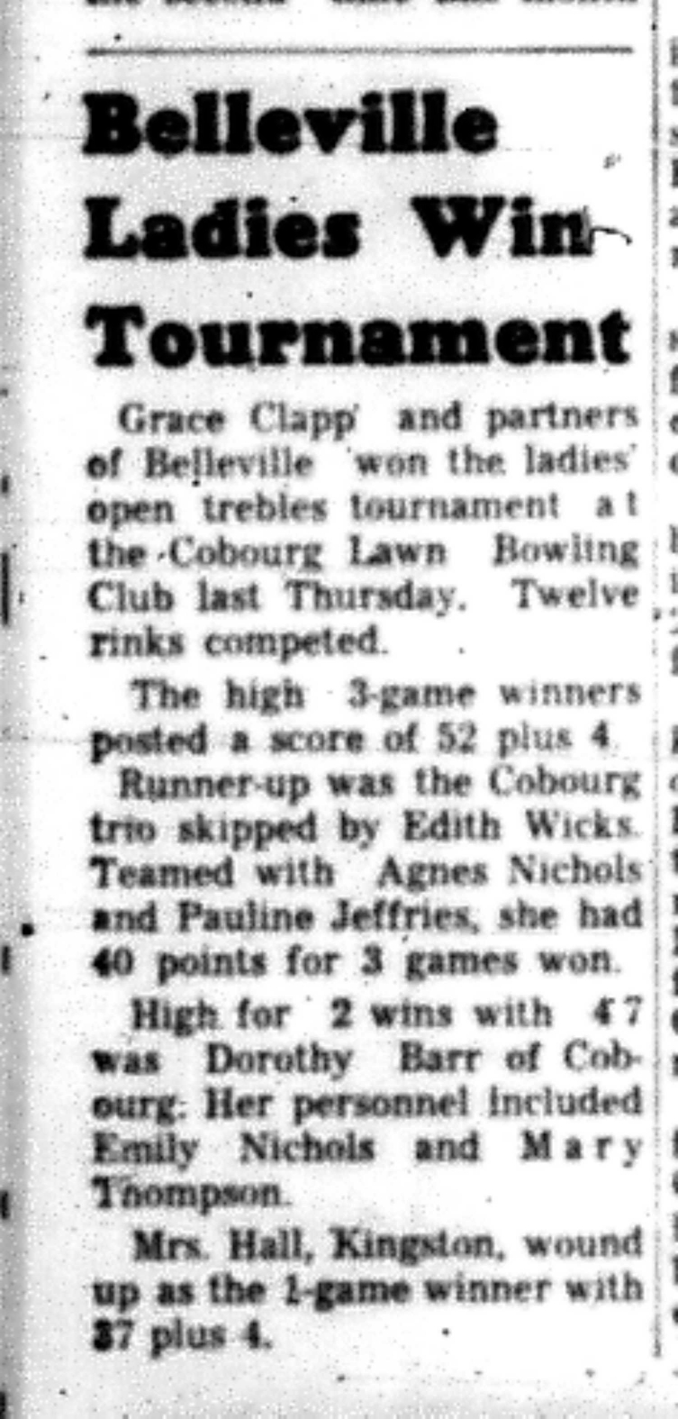 1966-06-29 Lawn Bowling -Ladies -Belleville Women Win Cobourg Tournament