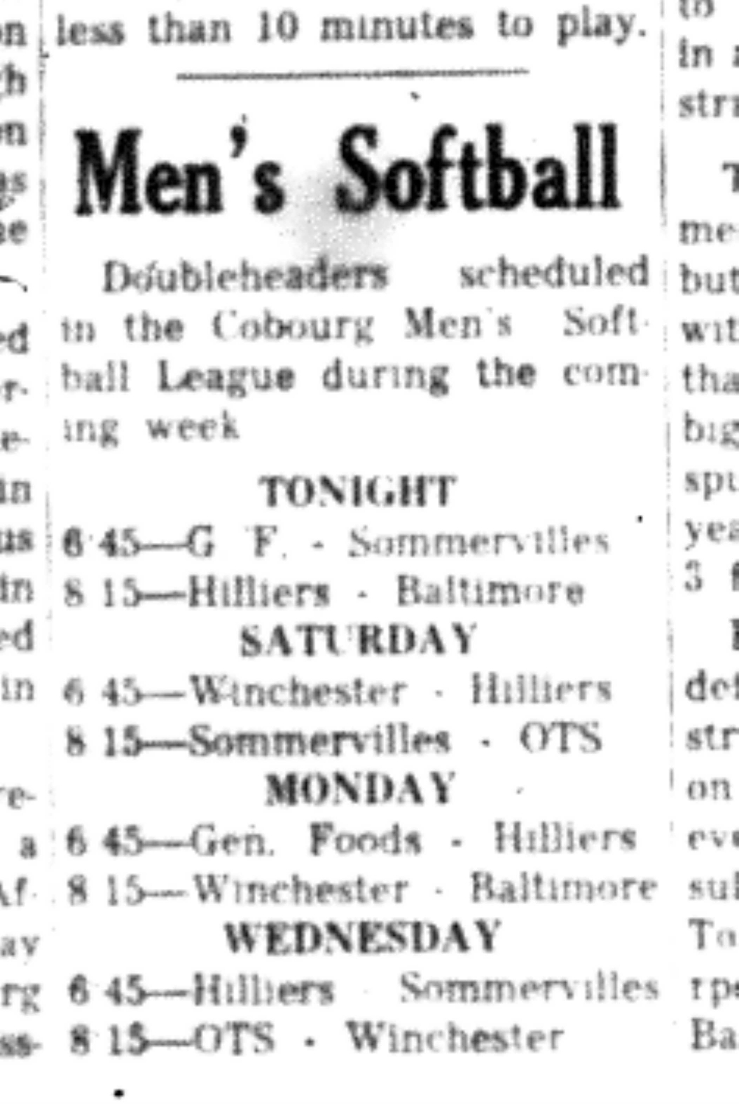 1966-07-06 Softball -Men -CMSL Schedule