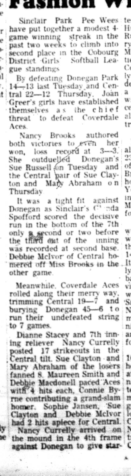 1966-07-13 Softball -Girls -CDGSL-Sinclair Girls On Win Streak-B