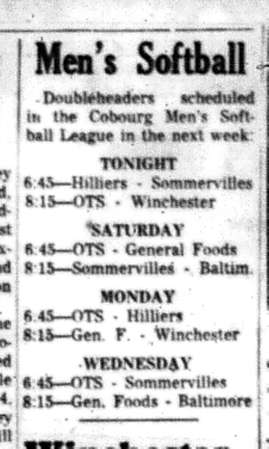 1966-07-13 Softball -Men -CMSL Schedule