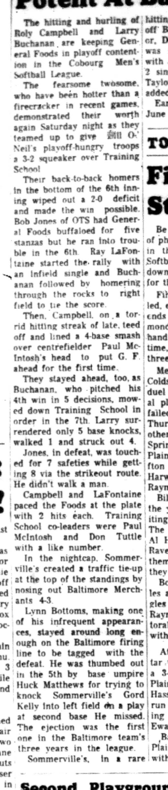 1966-07-20 Softball -Men -CMSL-General Foods vs Training School-B