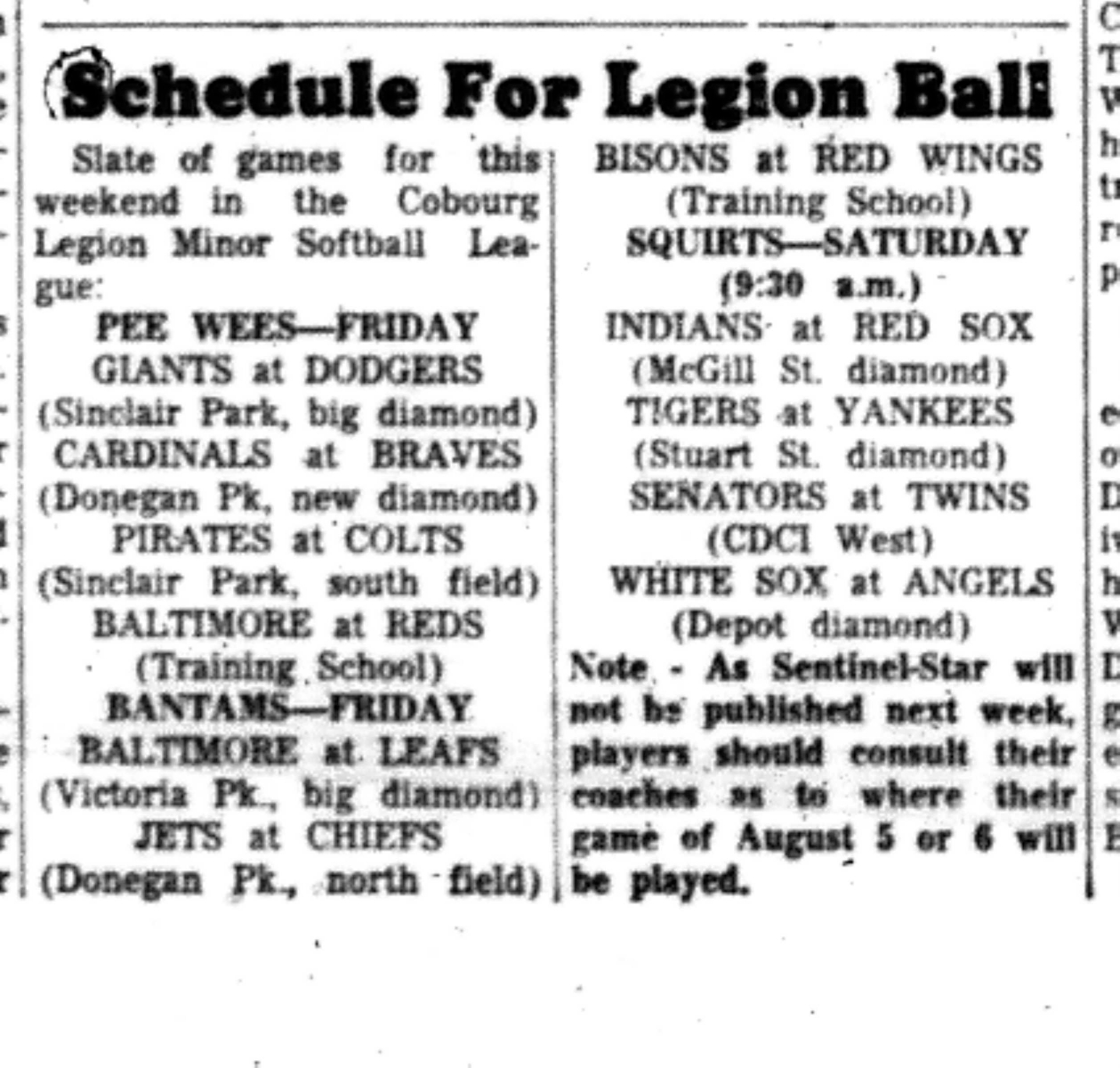 1966-07-27 Softball -Boys -CLMSL Schedule