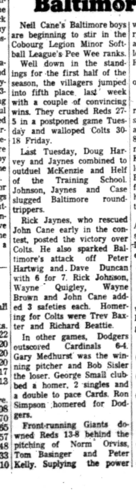 1966-07-27 Softball -Boys -CLMSL-Cobourg vs Baltimore-B