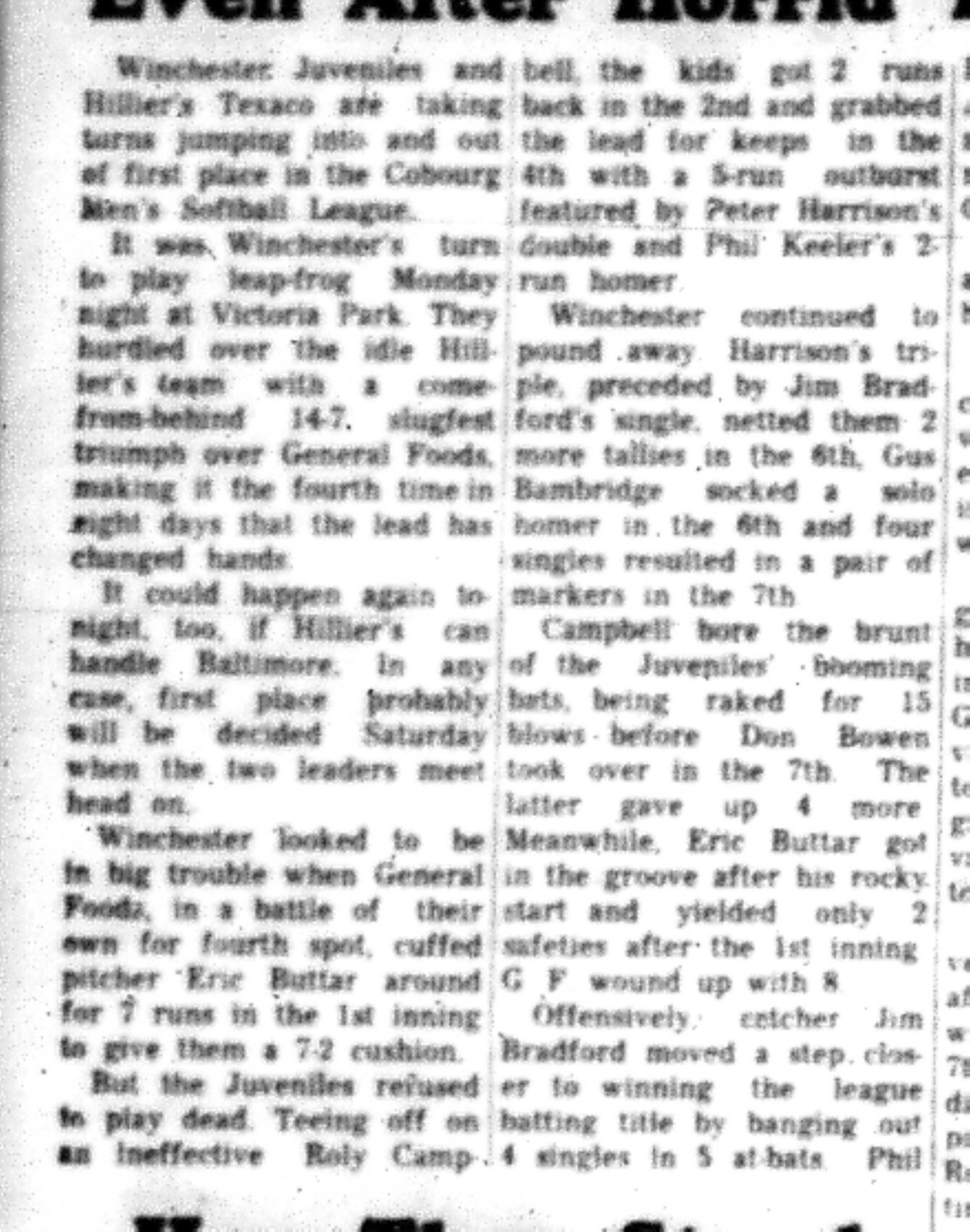 1966-07-27 Softball -Men -CMSL-Hilliers vs General Foods-B