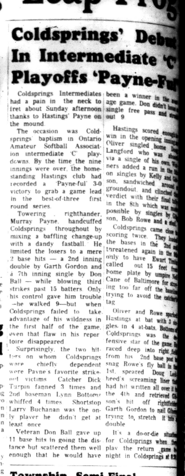 1966-08-10 Softball -Men -OASA-Coldpsrings vs Hastings