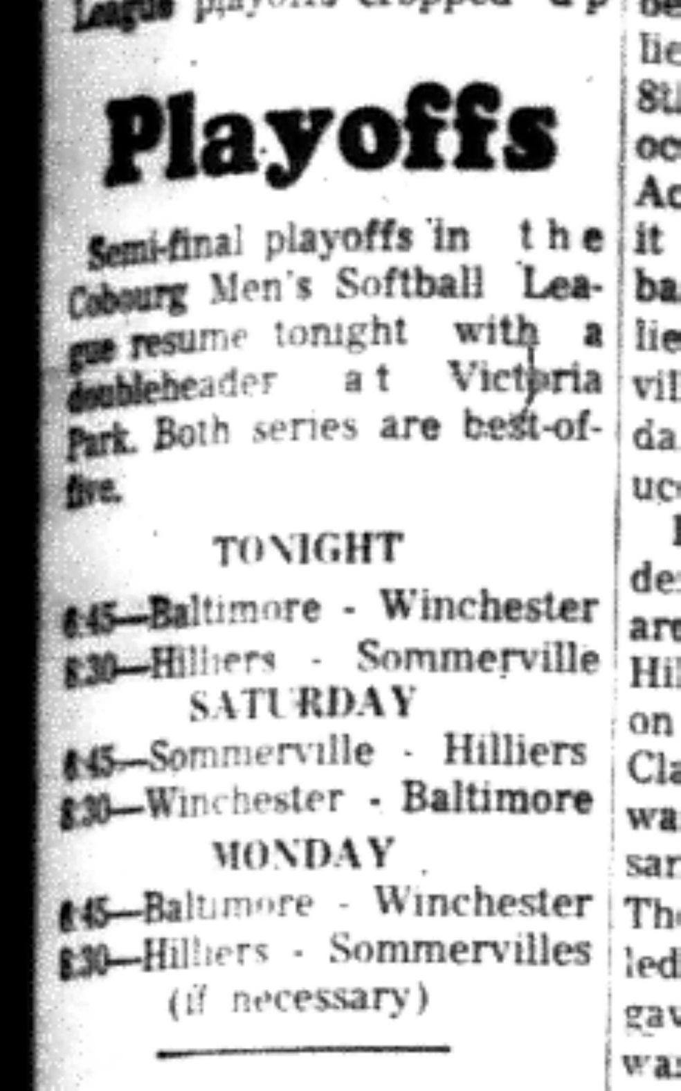 1966-08-24 Softball -Men -CMSL Playoff Schedule