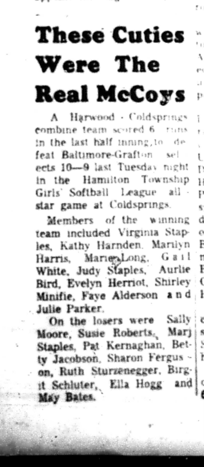 1966-08-31 Softball -Girls -Harwood vs Coldsprings