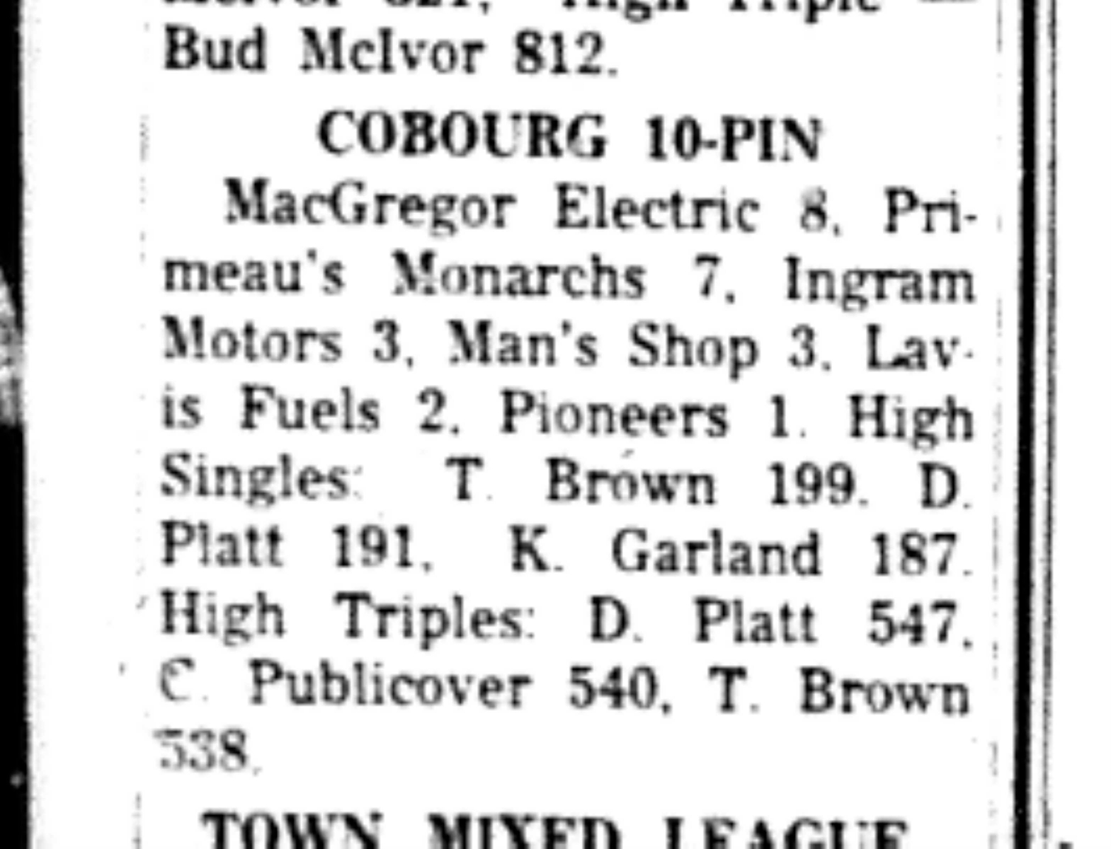1966-09-21 Bowling -Men -Cobourg Ten Pin Results
