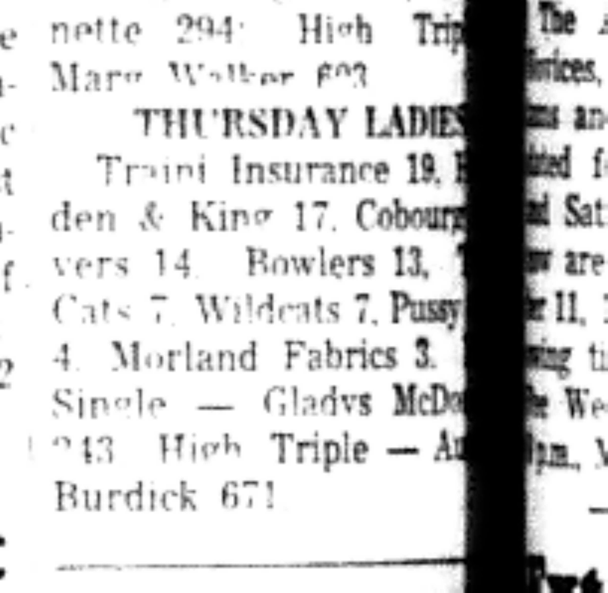 1966-10-05 Bowling -Ladies -Thursday League Results
